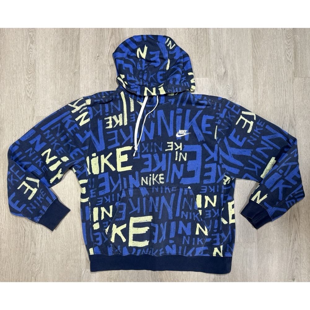 Nike All Over Logo Print Hoodie Men Size M Blue Green Pullover Fleece Sweatshirt